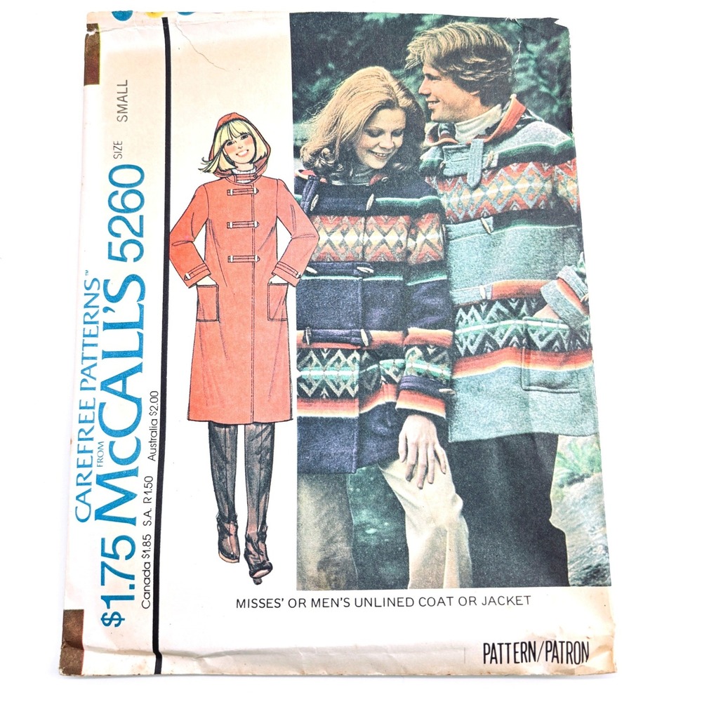 McCalls 5260 Unisex Hooded Duffle Blanket Toggle Coat Sz S Gorpcore Retro Vtg70s
